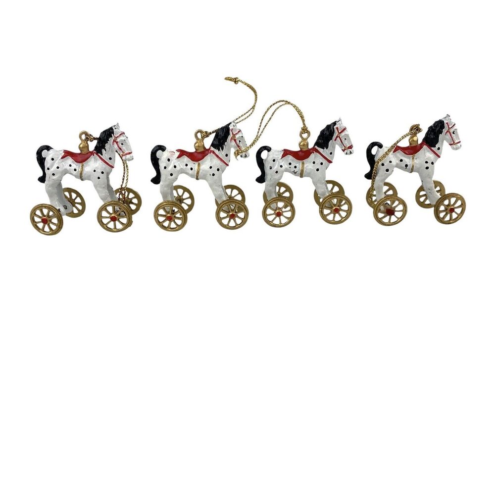 Vintage Horse Pull Along Toy Christmas Ornaments Set of 4 Painted Cast Iron 2”
